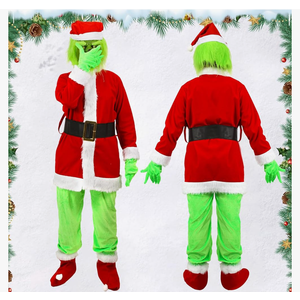 Christmas Costume for Men Green Big Monster 6PCS Deluxe Adult Santa Suit Xmas Outfit Set Halloween Holiday XL