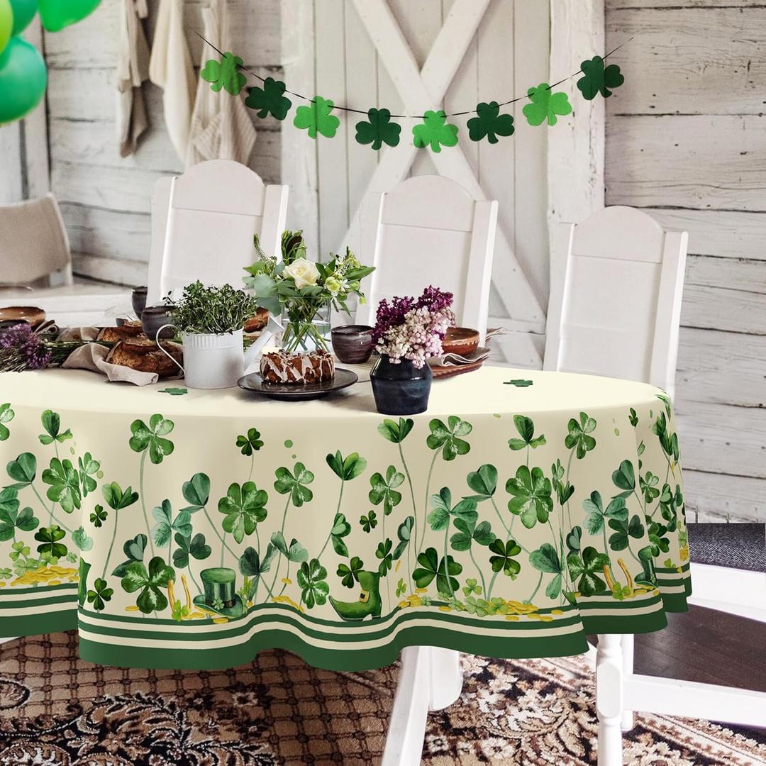 Yighty St Patricks Day Tablecloth, Green Oval Tablecloth 54x72 Inch, Polyester Waterproof Tablecloth, Shamrock Gold Coins St. Patrick's Day Holiday Kitchen Table Decoration for Dinner, Party (Four Leaf Clover)