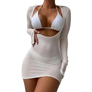 Lilosy Sexy Long Sleeve Mesh Sheer Beach Swim Cover Up Dress Bikini Women Drawstring Swimwear Swimsuit String Bathing Suit Set Fishnet, White, Small