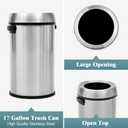 Garvee 65 L/17 gal Open Top Trash Can, Fingerprint-Proof Stainless Steel Garbage Can, Heavy Duty Commercial Round Trash Bin for Kitchen, Outdoor, Home, Office, Silver
