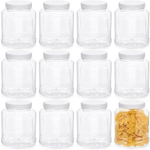Gerrii 12 Pcs 37 oz Plastic Jars with Lids Plastic Storage Jars Clear Empty Wide Mouth Storage Containers for Crafts, Dry Food, Peanut Butter, Honey, Kitchen, Household Storage and Jam Storage