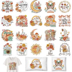 Whaline 20 Sheets Vintage Boho Floral Iron on Stickers Retro Flower Mushroom Butterfly Heat Transfer Vinyl Decals Groovy Hippie Mixed HTV Adhesive Craft Vinyl for Clothing DIY Fabric Decor