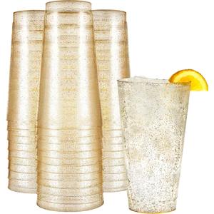 R-kay 16 oz Gold Glitter Plastic Cups For Party - 100 Pack Gold PLastic Cups - Hard Disposable Cups - Premium Heavy Duty Gold Cups - Disposable Cocktail Glasses - Party Cups (16 OZ)