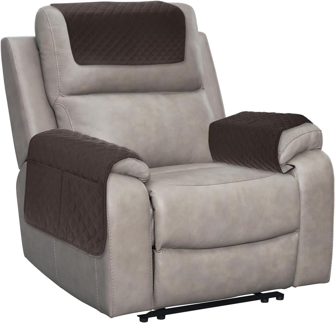 uxcell 3 PCS Armrest Covers, Couch Arm Cover Furniture Protect Slide Recliner Chair Armchair Covers with Side Storage Pocket for Sofa Recliner, Coffee