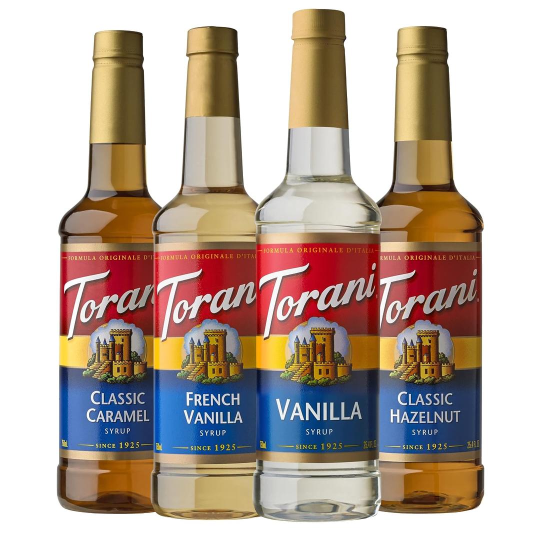 Torani Variety Pack Caramel, French Vanilla, Vanilla & Hazelnut, 25.4 Ounces (Pack of 4) (EXP 08/12/26)