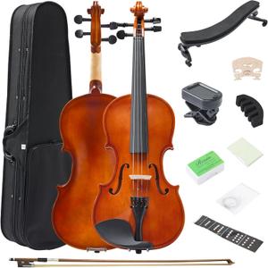 4/4 Acoustic Violin for Beginners, Full Size Plywood Fiddle Set for Kids and Adults with Hard Case, Bow, Extra Strings, Shoulder Rest, Rosin, Clip-on Tuner, Fingerboard Stickers, and Mute. (Natural)