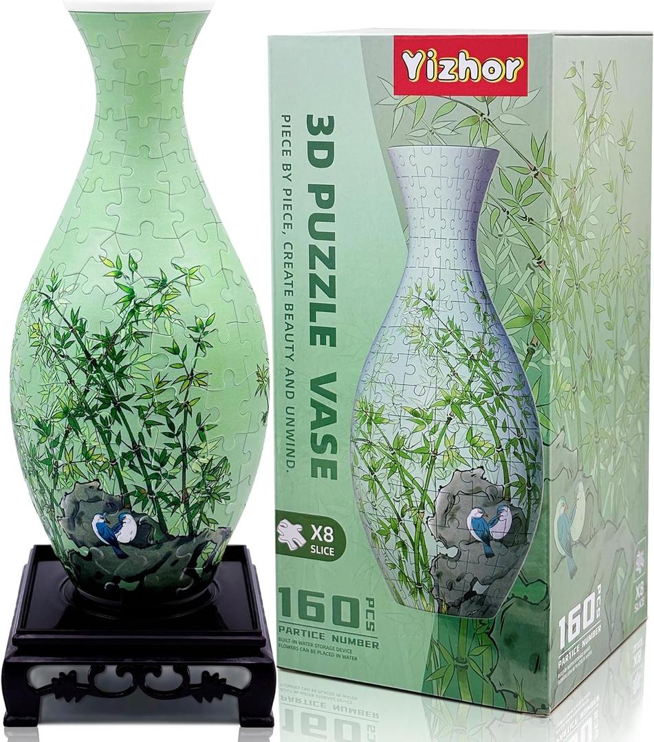 3D Puzzle Vase for Adults, 160-Piece Unique Curved Plastic Flower Vase,House Warming Gift for Flower Arrangements and Home Decor, for Mom (Bamboo)