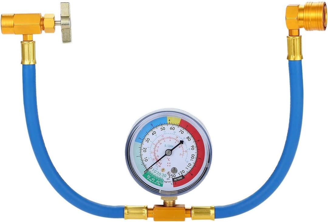 AC Charge Hose with Gauge, R134A Car AC Refrigerant Recharge Hose Kit, Come with R134A Piercing Can Tap 1/2ACME Valve & R134A Quick Coupler Fits for Car Air Conditioning Refrigerant 250 PSI