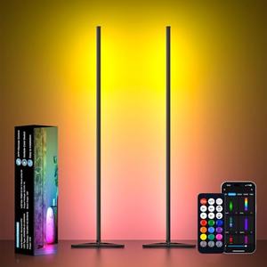 MIHEAL 2PCS Black Corner Floor Lamp, Synced Lights LED Control Floor Lamp RGB Light 56" Smart LED Corner Lamp App and Remote for Living Room Gaming Bedroom and Etc