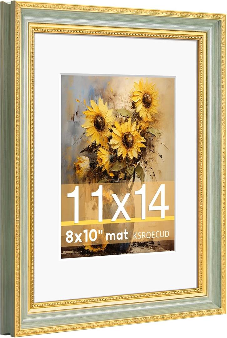 11x14 Picture Frame for 8x10 Photo with White Mat, HD Real Glass 11x14 Vintage Photo Frame with Gold Green Texture Border Horizontal & Vertical Display for Tabletop or Wall Decor (1 Pack)