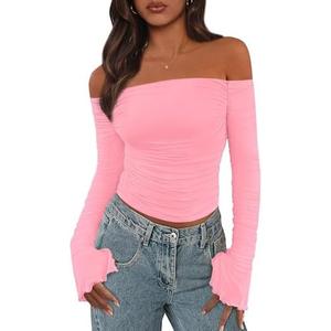 PRETTYGARDEN Fall Tops for Women 2025 Trendy Long Sleeve Crop Mesh Slim Fit Y2K Cute Shirts Going Out Off The Shoulder Top L
