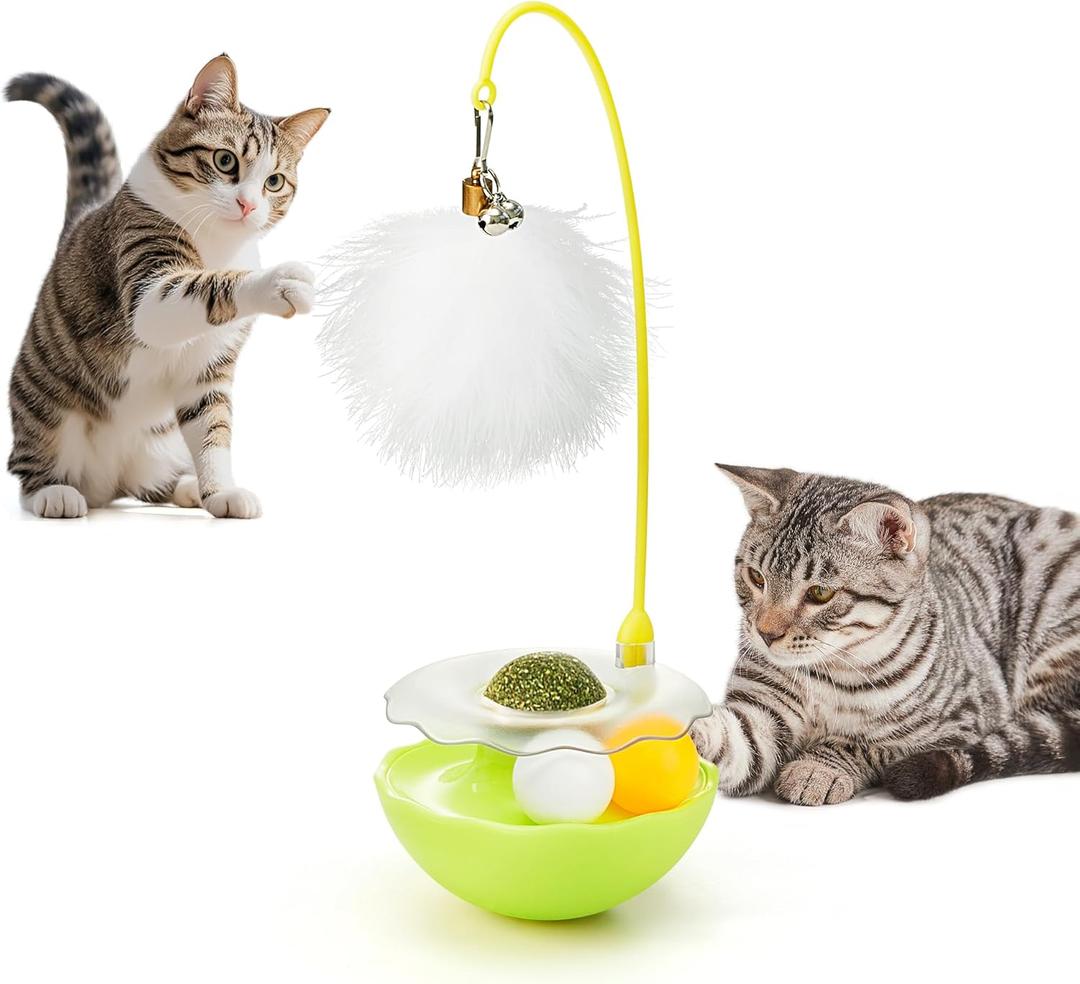 Potaroma Interactive Cat Toys Exercise Wobble Base Toy for Indoor Kittens and Adult Cats, Spin Game with Track, Catnip Ball and Feather Wand for Kitty Enrichment