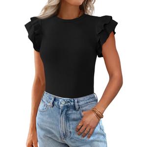 KIRUNDO Summer Sweaters for Women Lightweight 2025 Fall Ruffle Short Sleeve Business Casual Tops Slim Soft Knit T Shirts(Black, X-Large) (Black, XL)