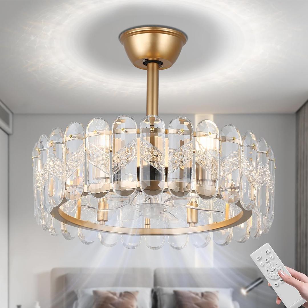 FRIXCHUR 20.7" Modern Crystal Fandelier Ceiling Fan with Light, 6-Lights Bladeless Chandelier Fan with Remote Gold Ceiling Fan for Bedroom Dining Room Living Room, 6 Speed