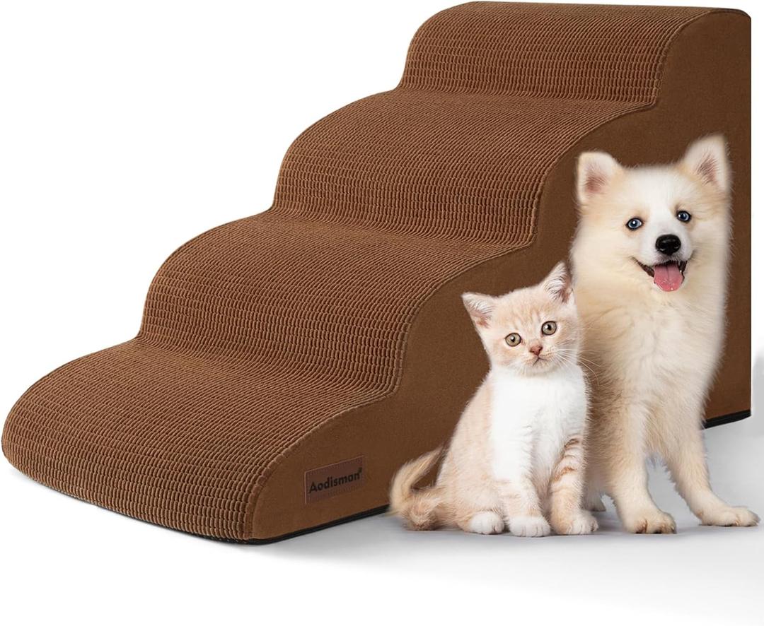 4-Step Dog Stairs and Ramp for Beds or Couches  Non-Slip Sturdy Pet Steps for Small Dogs and Cats,17.4" H,Brown