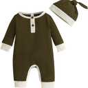Newborn Baby Boy Girl Romper Toddler Solid Ribbed One-piece Jumpsuit Clothes Hat Infant Coverall Jumper Outfit Set (3-6 Months, Dark Green)