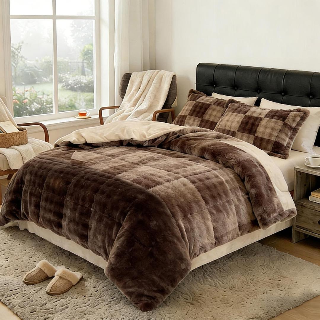 King Size Duvet Cover Set, Double Sided Fluffy Duvet Cover, Super Soft Fuzzy Rabbit Hair & Smooth Milk Winter Duvet Cover & 1 Pillow Sham 104"90",Ultra Warm Cozy Bedding for All-Season Comfort (Brown Plaid)