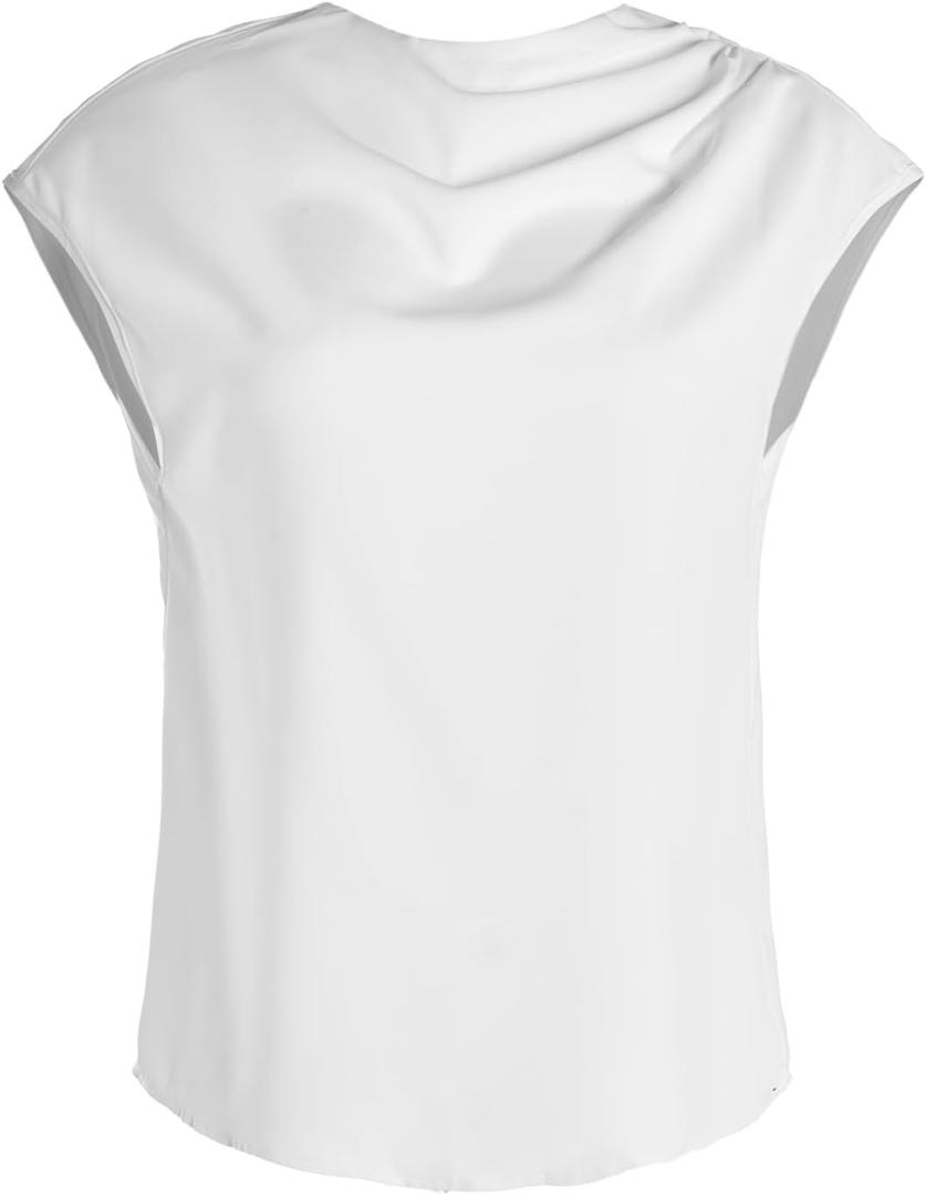 Women's Mock Neck Blouse Dolman Cap Sleeve Ruched Business Casual Tops (White, L)
