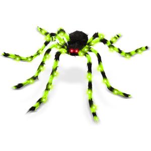 59" Giant Halloween Light Up Spider, Hairy Green Glowing Spider with LED Lights, Scary Indoor Outdoor Halloween Decorations for Yard, Porch, Tree, Haunted House