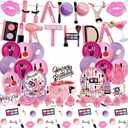 Makeup Birthday Party Supplies include Happy Birthday Banner Balloons Cupcake Toppers Plates Napkins Cups Knives Spoons Forks Tablecloth, Spa Party Decoration for Girls Women