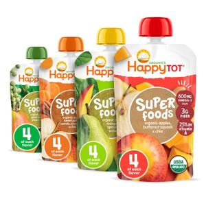 HAPPYTOT Organics Stage 4 Baby Food Pouches, Gluten Free, Vegan Snack, SuperFoods Fruit & Veggie Puree & Chia Variety Pack, 4.22 Ounce (Pack of 16)(EXP 05/16/27)