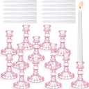 Suclain 24 Pcs Glass Taper Candle Holder Sets 12 Candlestick Holder with 12 White Long Candles for Wedding Party Decor Dinner Decoration(Pink)