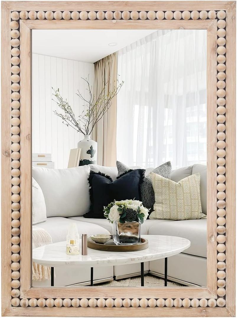 H HOMEWINS Rustic Rectangle Mirror,22x30 Wooden Farmhouse Mirrors, Boho Bathroom Wall-Mounted Nature Beads Decor Mirror for Bedroom, Living Room, Vanity, Entry way, Over Sink