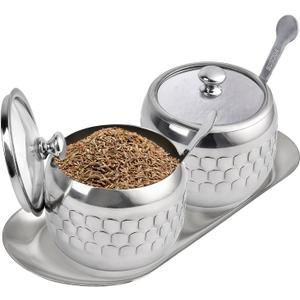 2 Pcs Stainless Steel Sugar Bowl with Lid Spoon and Tray,350ml/12 Oz Seasoning Jar Condiment Container for Home and Kitchen, Drum Shape Condiment Pots for Serving Sugar Salt Spice Pepper