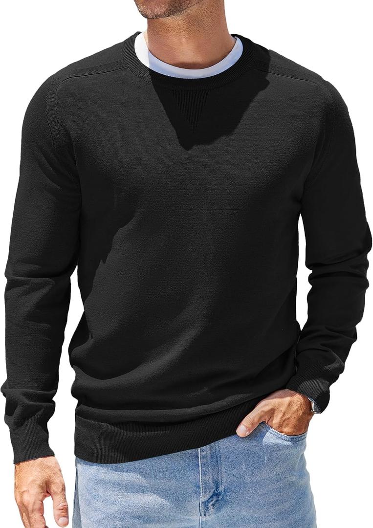 COOFANDY Mens Sweater Crewneck Pullover Long Sleeve Lightweight Sweater Plain Knit Silm Fit (Black, M)