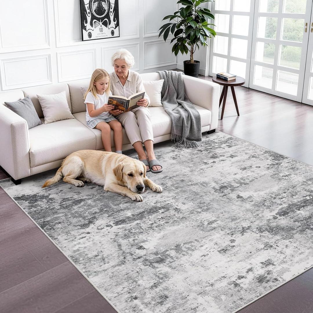 6x6 Rug Square Living Room: Washable Modern Abstract Area Rugs Black Grey