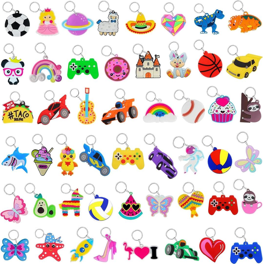 50pcs Cute Keychains bulk for Kids Party Favors Classroom Prizes Backpacks Birthday Christmas Gift Goodie Bag Stuffers