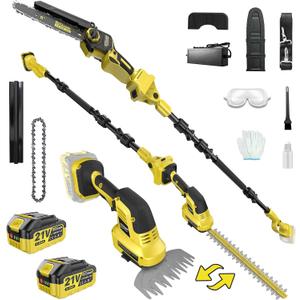 6-IN-1 Cordless Pole Saw & Pole Hedge Trimmer Combo Kit, Dual 4.0Ah Batteries, 8" Brushless Chainsaw, 16" Electric Hedge Trimmer, 6" Grass Shears, 14.92Ft Long Reach, Bush Trimmer for Tree Shrubs