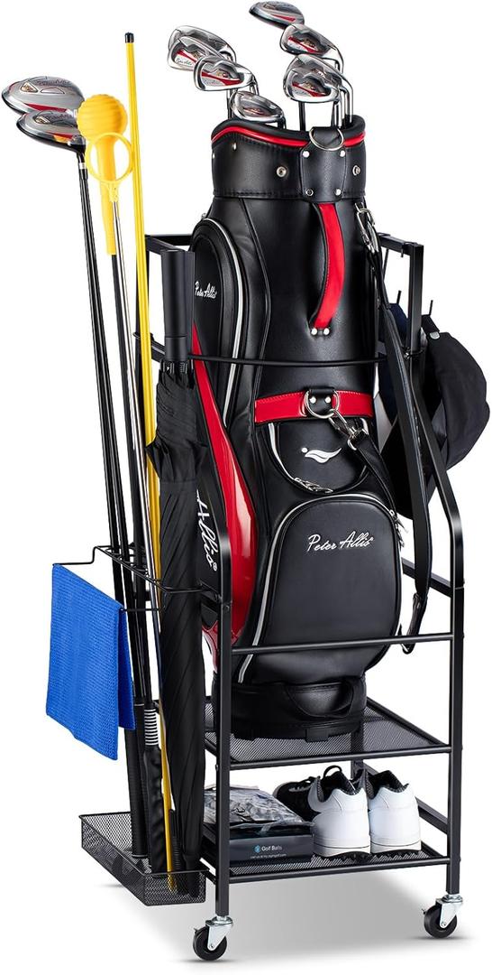 Golf Bags Storage Garage Organizer - Golf Bag Stand Fit Single Golf Bags, Golf Clubs, and Golf Equipment Accessories, Golf Bag Storage Rack with Wheels for Garage, Club, Shed, Basement (Black - Without Bottom Drawer Basket)