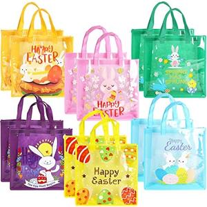 12PCS Happy Easter Egg Hunt Bags Easter Bunny Carrot Chick Egg Gift Bags with Handles, Easter Treat Bags, Easter Party Supplies , 13" ×13" × 4"