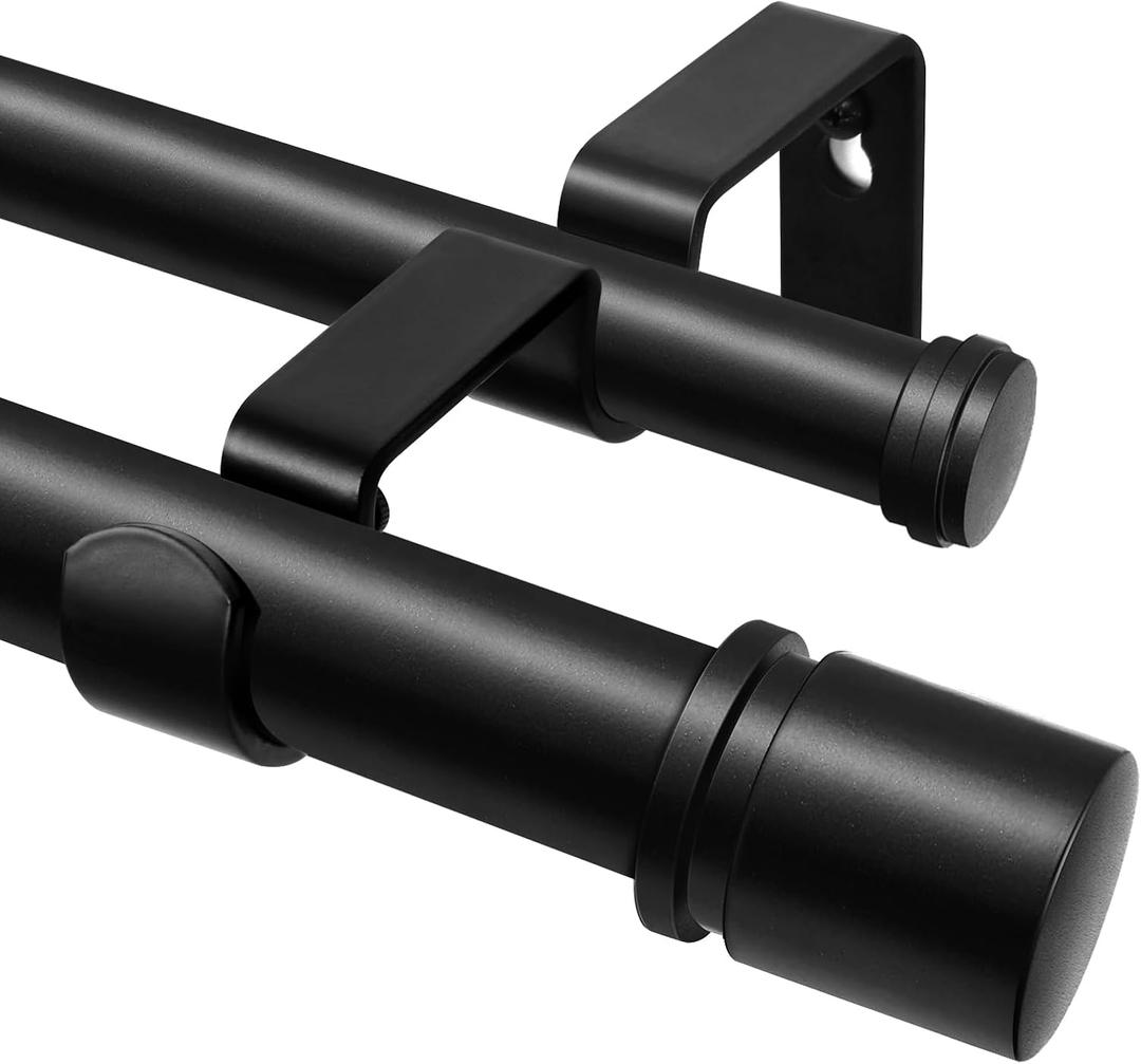 Double Curtain Rod 66 to 120 Inch, HOTOZON 1 Inch Heavy Duty Curtain Rods for Windows, Telescoping Double Drapery Rod with Simple Cap Finials, Black