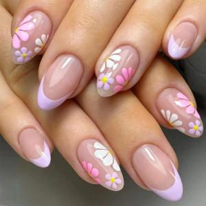 Flower Press on Nails - Short Oval Fake Nails Purple French Tip False Nails Press ons with Floral Design, Glossy Acrylic Nails Full Cover Artificial Glue on Nails for Women Manicure 24Pcs