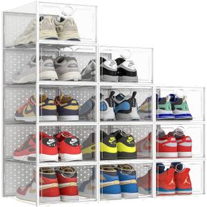 Pinkpum XXL Larger Shoe Storage Boxes Fit Size 14, Clear Plastic Stackable Shoe Organizer 12 Pack Sneaker Storage for Sneakerheads Shoe Containers (White)