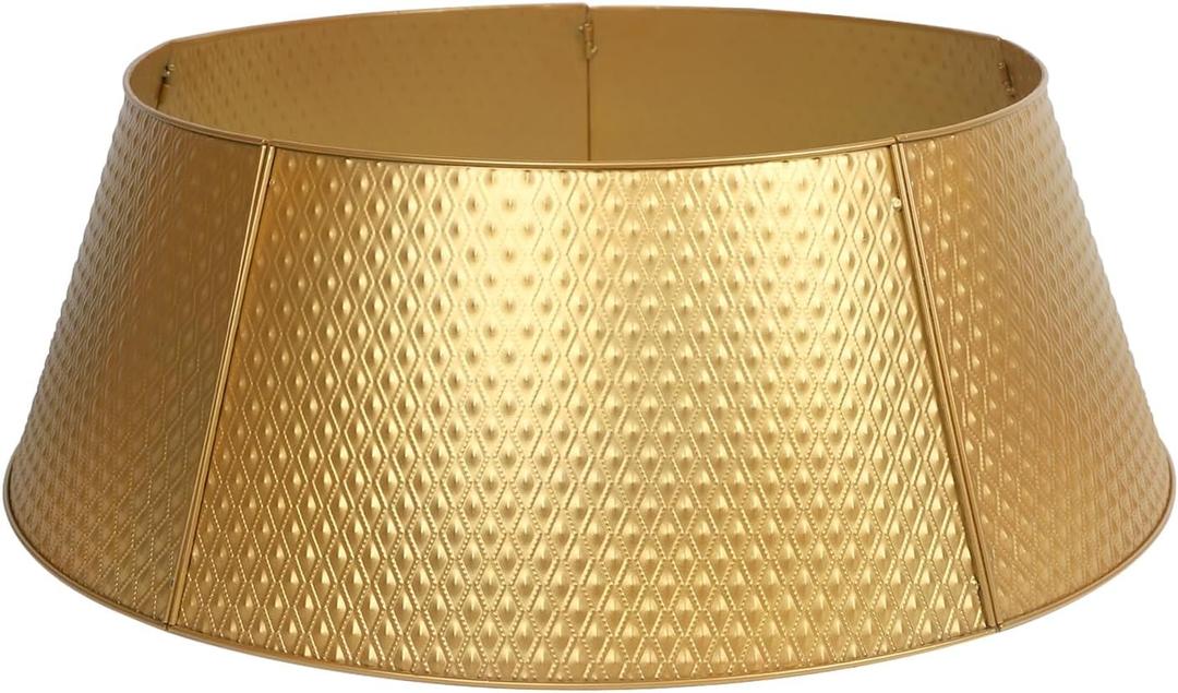 FORUP Metal Christmas Tree Collar - Top 20.8"/ Bottom 27.5" Gold Diamond Pattern, Modern Tree Skirt Alternative for Stand Protection & Pet Safety, Fits Trees Up to 7.5 Ft