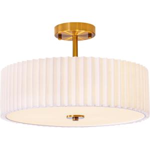 Bargeni 16.5 Inch Semi Flush Mount Ceiling Light Fixture,Gold Finish with Pleated Fabric Shade,3-Light Flush Mount Ceiling Light,Modern Light Fixtures Ceiling Mount for Bedroom,Hallway,Nursery Room