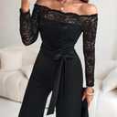 CHICME Womens Dressy Jumpsuits Casual One Piece Outfits Off Shoulder Lace Trim Overalls Straight Leg Pants (Black)