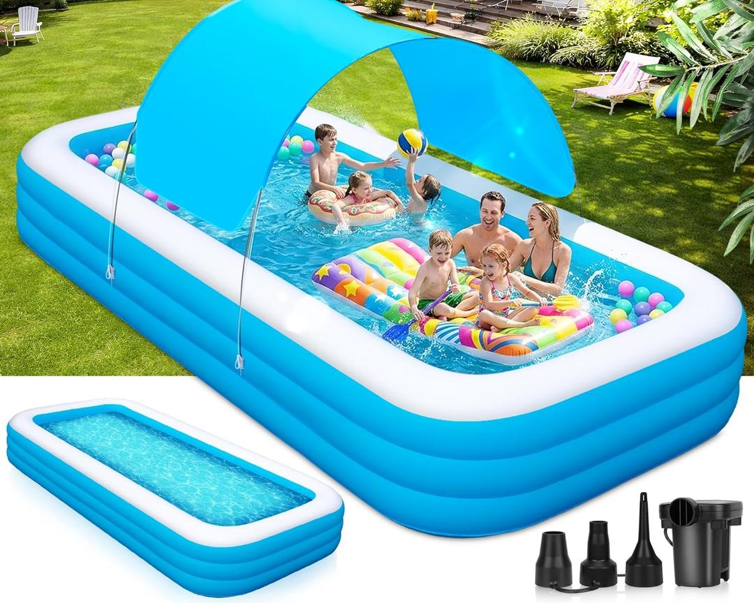 Extra Large Inflatable Pool for Adults and Kids, 145" x 74" x 22" Blow Up Pool for Family, Oversized Inflatable Pools with Canopy & Pump, Large Inflatable Swimming Pool for Backyard Outdoor