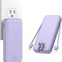 Nusyddy Portable Charger, 10000mAh PD20W Fast Charging Power Bank with Built-in Cables & Wall Plug, Travel Essential External Battery Pack, USB C Battery Phone Charger for iPhone, iPad, Samsung Purple