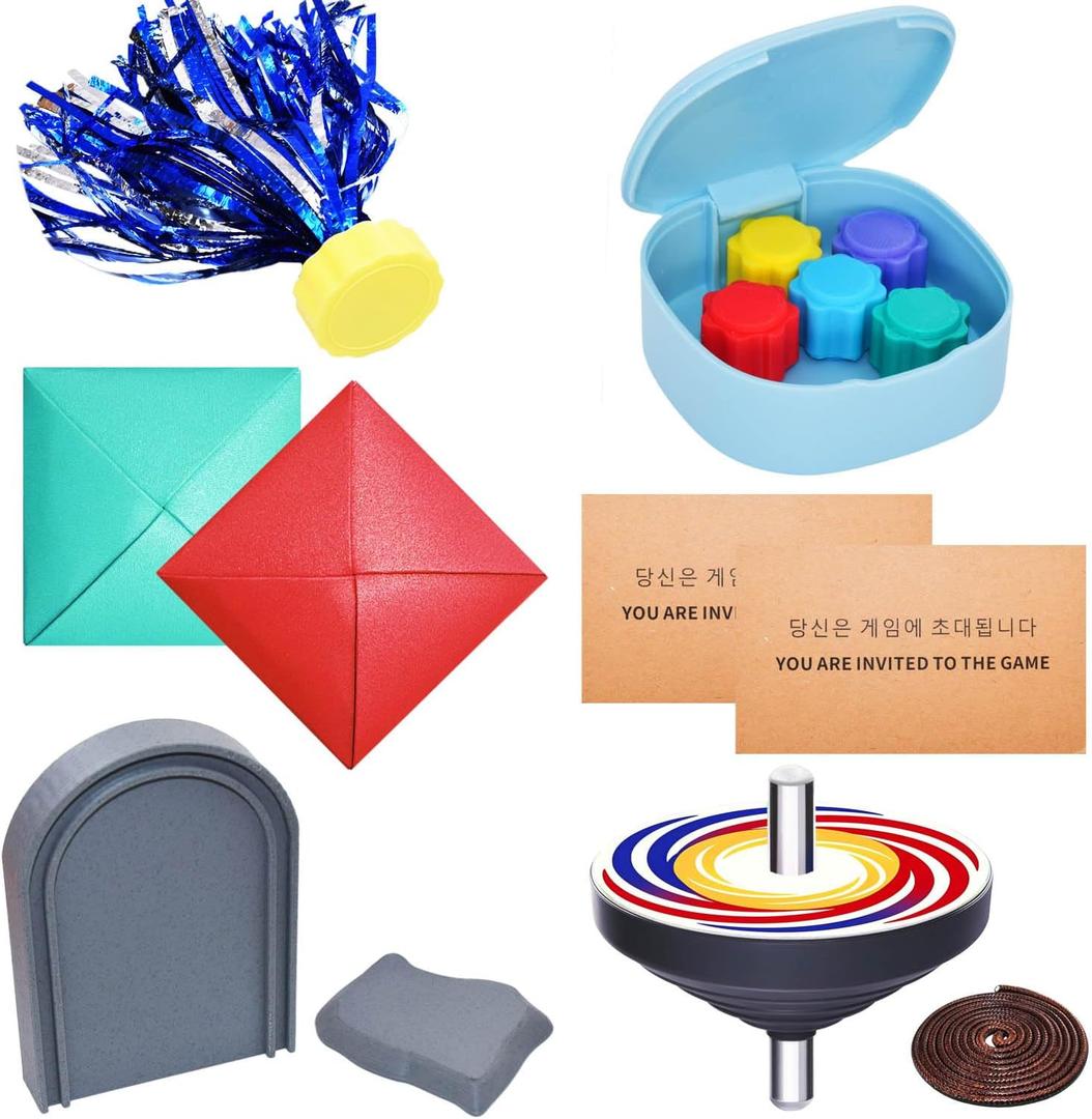 Korean Games Set Squid Toys - Weighted Gonggi Ddakji Spinning Top Flying Stones Jegi - Authentic Traditional Folk Toy Gift