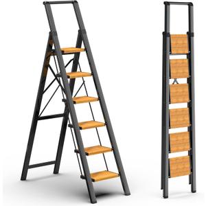 6 Step Ladder for 12 Feet High Ceiling, Lightweight Aluminum Folding Step Stool with Convenient Handgrip, Stepladders with Anti-Slip and Wide Pedal for Home Use Space Saving - Black+Woodgrain