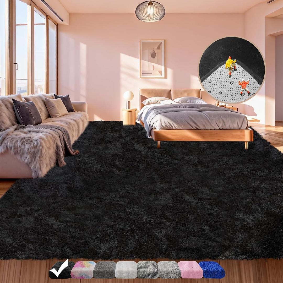 Large Shag Area Rugs 5x7 for Living Room, Ultra Soft Fluffy Black Rugs for Bedroom, Shaggy Living Room Rug, Plush Fuzzy Bedside Rug, Floor Carpets for Kids Dorms Room Home Decor, Upgrade Anti-Skid