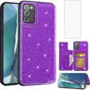 Asuwish Phone Case for Samsung Galaxy Note 20 Glaxay Note20 5G Wallet Cover with Screen Protector Card Holder Stand Bling Glitter Cell Accessories Gaxaly Notes 20s Twenty Not S20 Women Girls Purple
