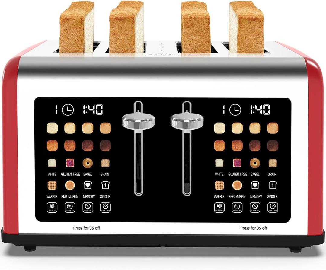 4 Slice Toaster Touch Screen, Stainless Steel Toasters Digital Timer, Dual Control Panel Toasters, 8 Shade Settings 6 Bread Types for Bagel, Cancel, Defrost 1650W Red
