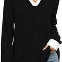 BAISHENGGT Women's Contrast Collared Shirts Casual Long Sleeve Ribbed Fall Tops Lightweight Tunic Sweaters (Large, Black)