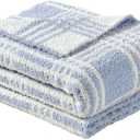 CREVENT 30"X40" Cozy Soft Warm Knitted Baby Blanket for Girls Boys, Newborn Essentials for Infant, Baby Shower Receiving Gift - Line Checked Blue 75X100cm