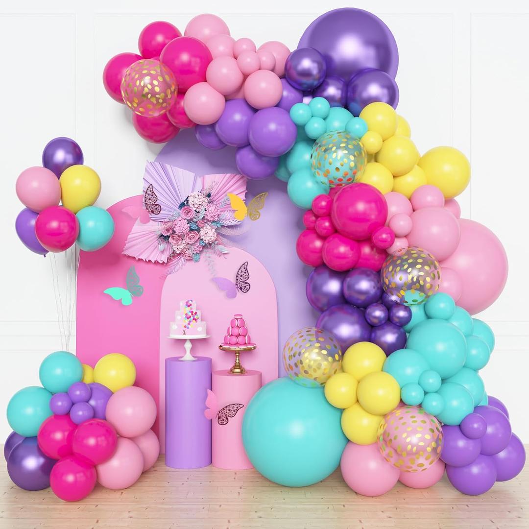 Amandir 153pcs Purple Blue Pink Balloon Garland Arch Kit, Different Sizes 18 12 10 5 inch Teal Yellow Latex Metallic Confetti Balloons for Kid Magic Baby Shower Birthday Engagement Party Decoration